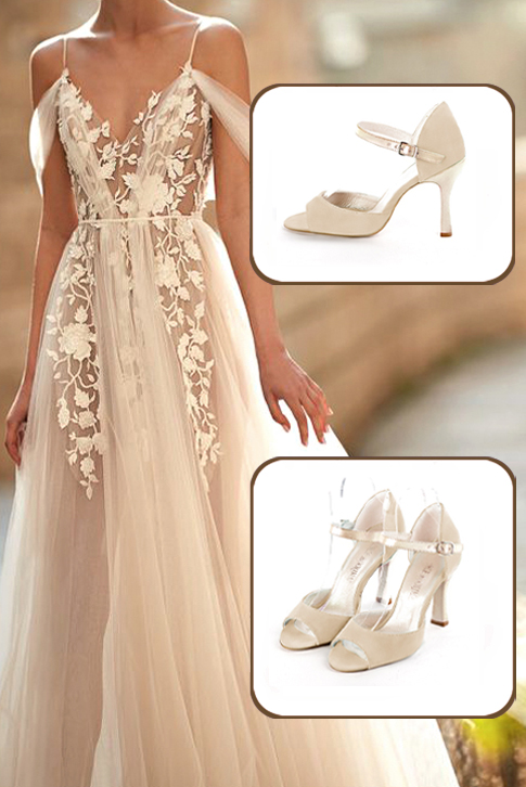 Dress sandals instep strap in champagne white and gold leather with high spool heels and round toe - Top view